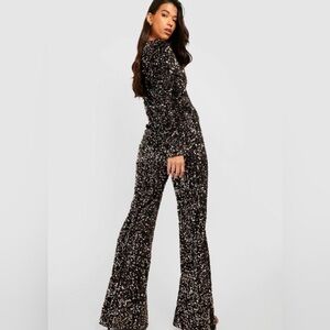 Tall Velvet Sequin Flare Jumpsuit - gold